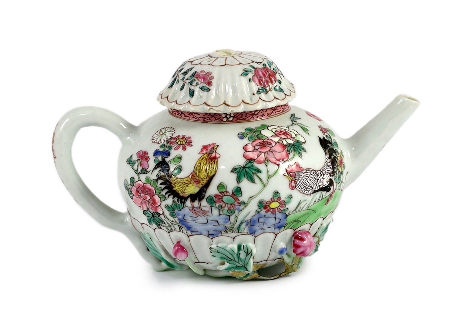 A Chinese famille rose chrysanthemum moulded teapot, early Qianlong period, painted with a cockerel amongst flowers, on a cage work base, 10 cms high